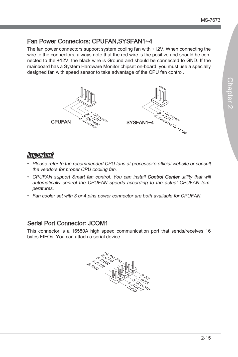 Chapter 2, Fan power connectors: cpufan,sysfan1~4, Important | Seral port connector: jcom1 | MSI P67A-C43 (B3) User Manual | Page 31 / 82