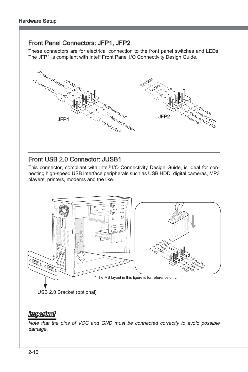 Front panel connectors: jfp1, jfp2, Front usb 2.0 connector: jusb1, Important | MSI P67A-C43 (B3) User Manual | Page 32 / 82