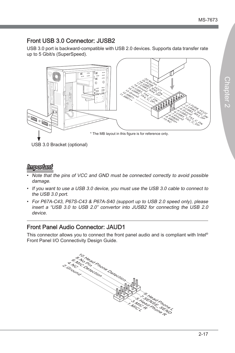 Chapter 2, Front usb 3.0 connector: jusb2, Important | Front panel audo connector: jaud1, Usb 3.0 bracket (optonal), Front panel i/o connectvty desgn gude | MSI P67A-C43 (B3) User Manual | Page 33 / 82