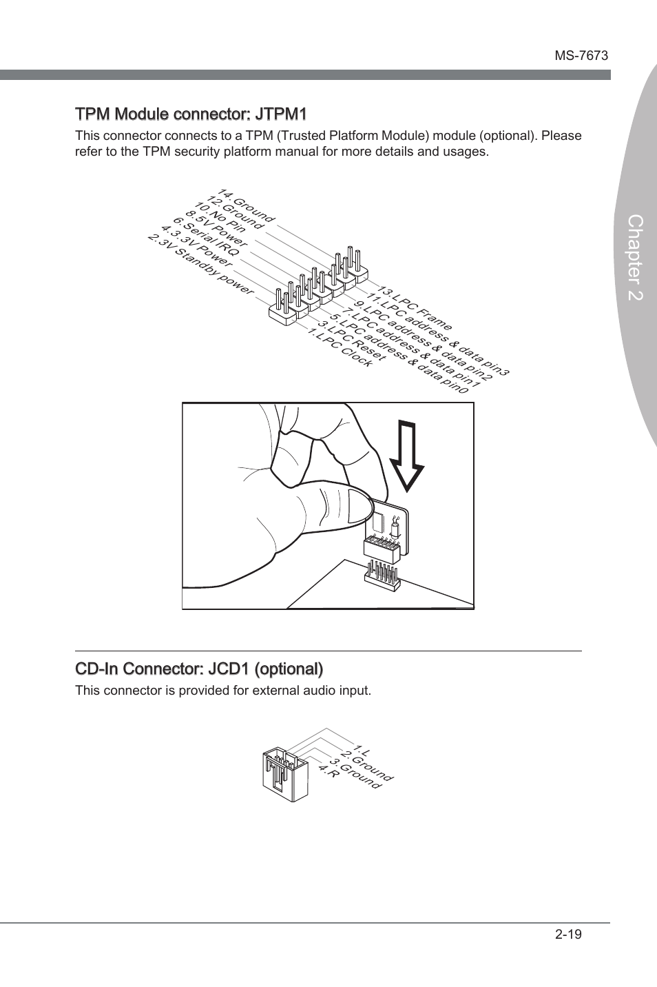 Chapter 2, Tpm module connector: jtpm1, Cd-in connector: jcd1 (optonal) | MSI P67A-C43 (B3) User Manual | Page 35 / 82