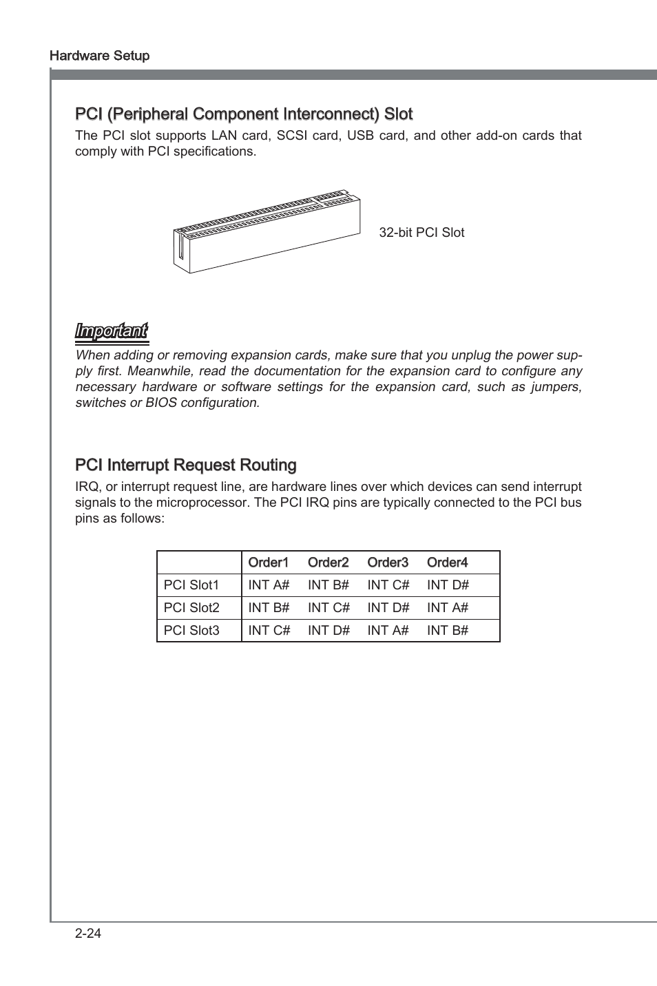 Pci (perpheral component interconnect) slot, Important, Pci interrupt request routng | MSI P67A-C43 (B3) User Manual | Page 40 / 82