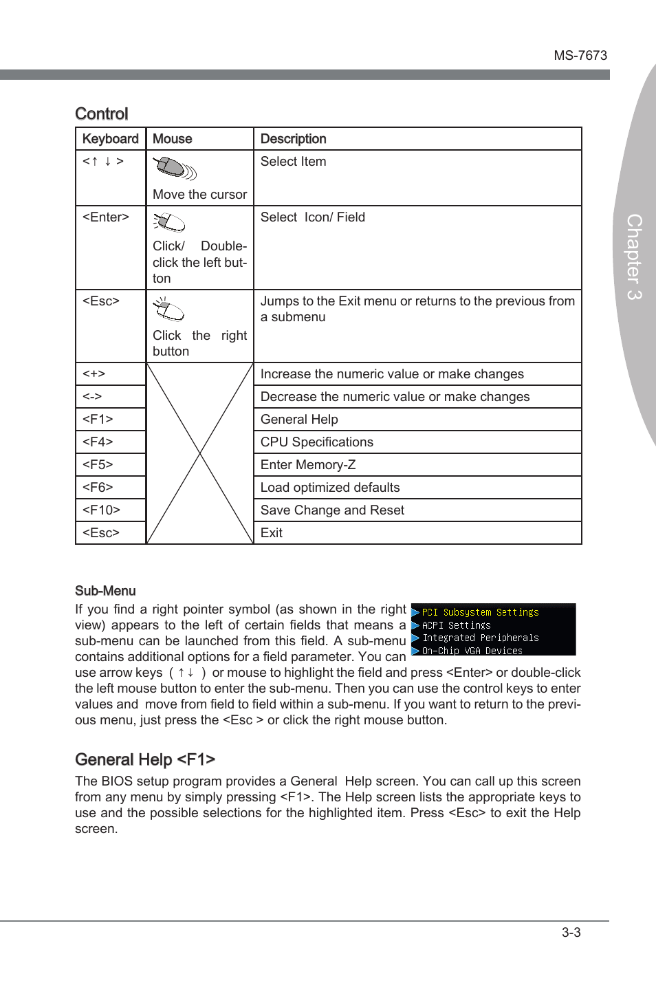 Chapter 3, Control, General help <f1 | MSI P67A-C43 (B3) User Manual | Page 43 / 82