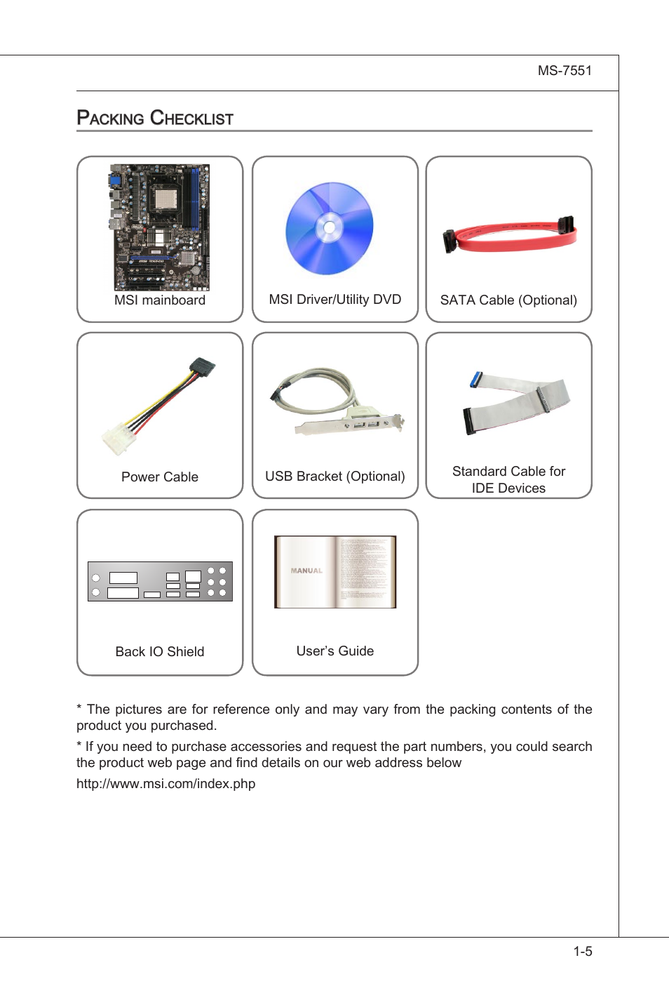 Packing checklist, Packng checklst -5 | MSI 785GT-E63 User Manual | Page 15 / 106