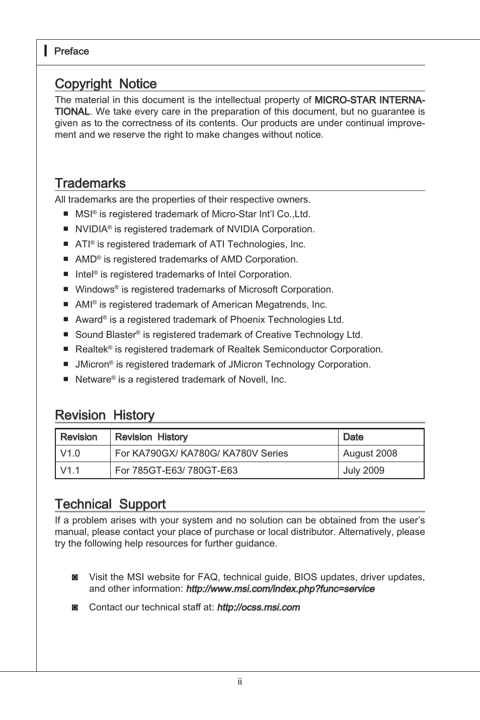 Copyright notice, Trademarks, Revision history | Technical support, Copyrght notce, Revson hstory, Techncal support | MSI 785GT-E63 User Manual | Page 2 / 106