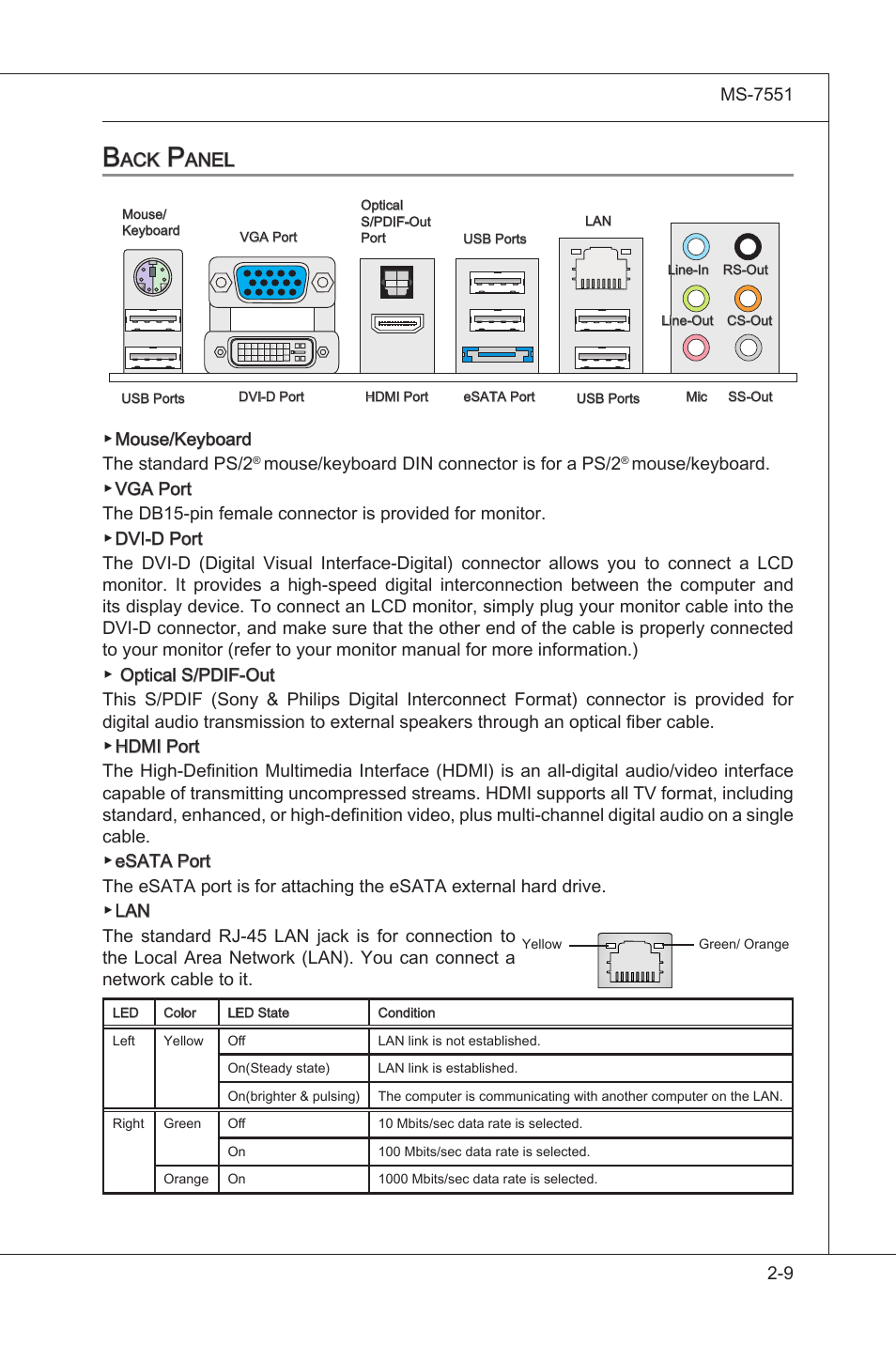 Back panel, Back panel -9 | MSI 785GT-E63 User Manual | Page 25 / 106