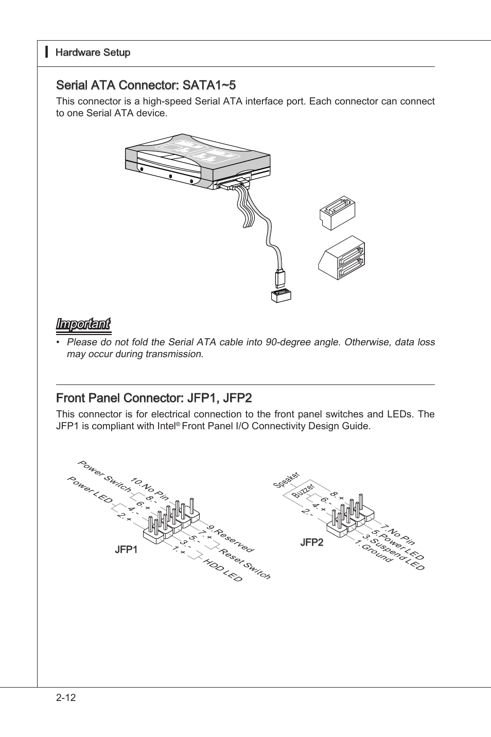 Seral ata connector: sata1~5, Important, Front panel connector: jfp1, jfp2 | Front panel i/o connectvty desgn gude, Jfp1, Buzz er spea ker jfp2 | MSI 785GT-E63 User Manual | Page 28 / 106