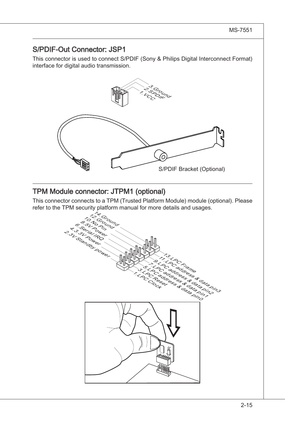 S/pdif-out connector: jsp1, Tpm module connector: jtpm1 (optonal) | MSI 785GT-E63 User Manual | Page 31 / 106