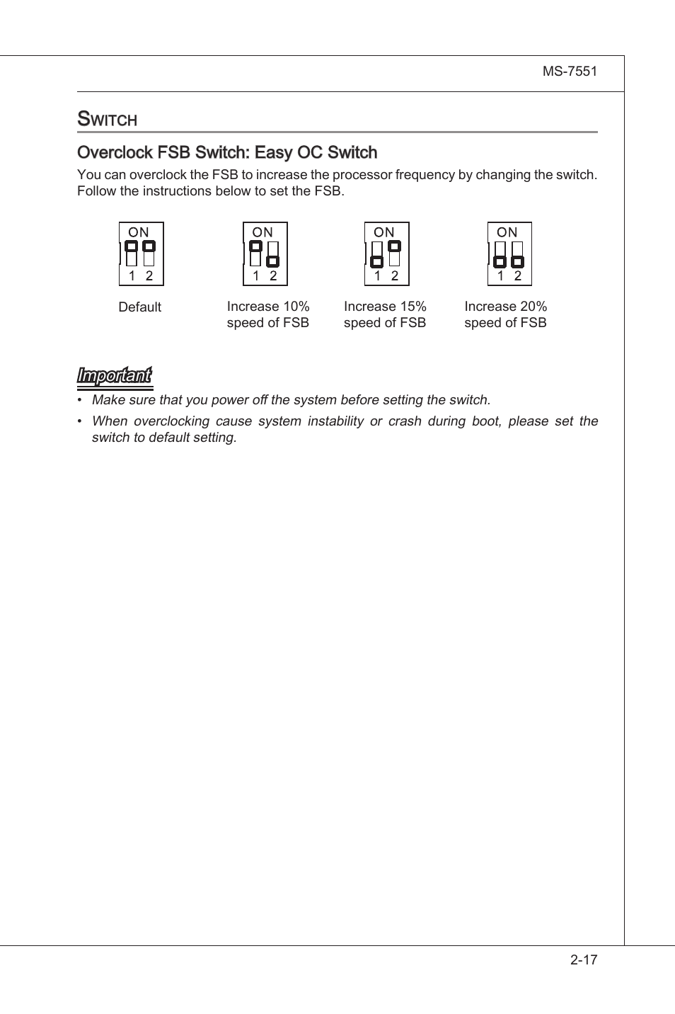 Switch, Swtch -17, Overclock fsb swtch: easy oc swtch | Important | MSI 785GT-E63 User Manual | Page 33 / 106