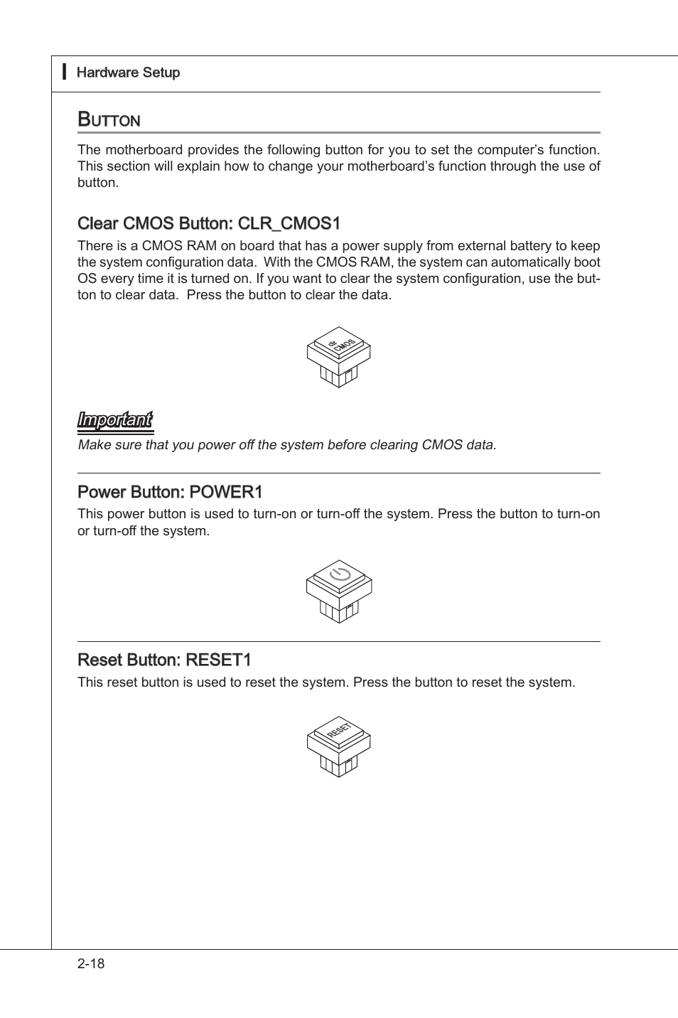 Button, Button -18, Clear cmos button: clr_cmos1 | Important, Power button: power1, Reset button: reset1 | MSI 785GT-E63 User Manual | Page 34 / 106