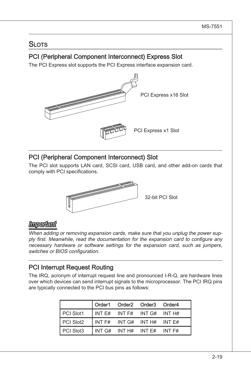 Slots, Slots -19, Pci (perpheral component interconnect) slot | Important, Pci interrupt request routng | MSI 785GT-E63 User Manual | Page 35 / 106