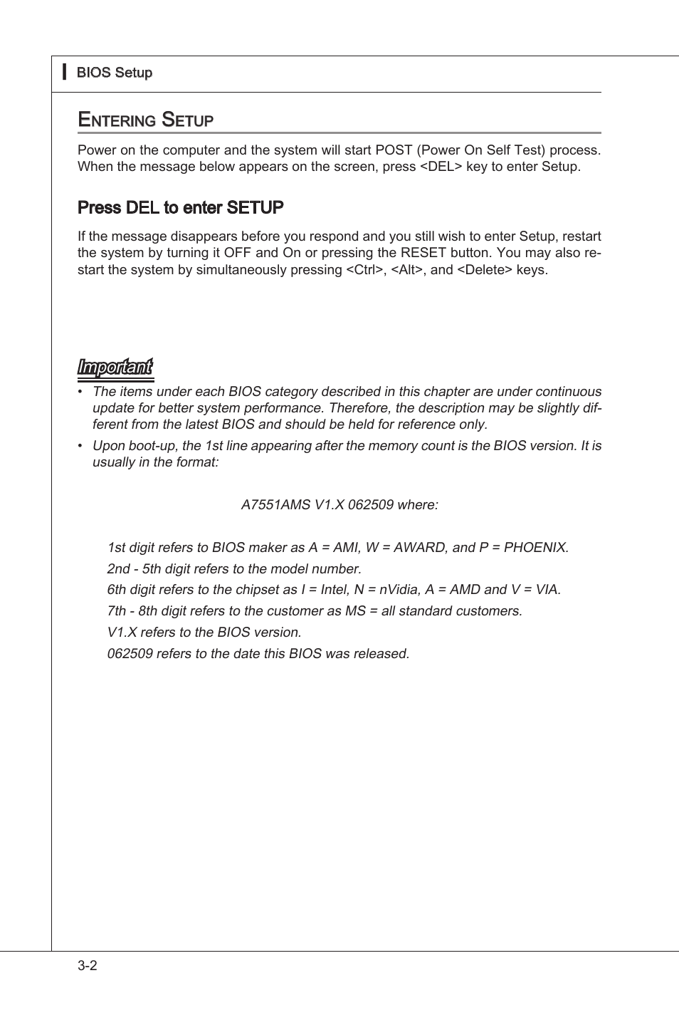 Entering setup, Enterng setup -2, Press del to enter setup | Important | MSI 785GT-E63 User Manual | Page 38 / 106