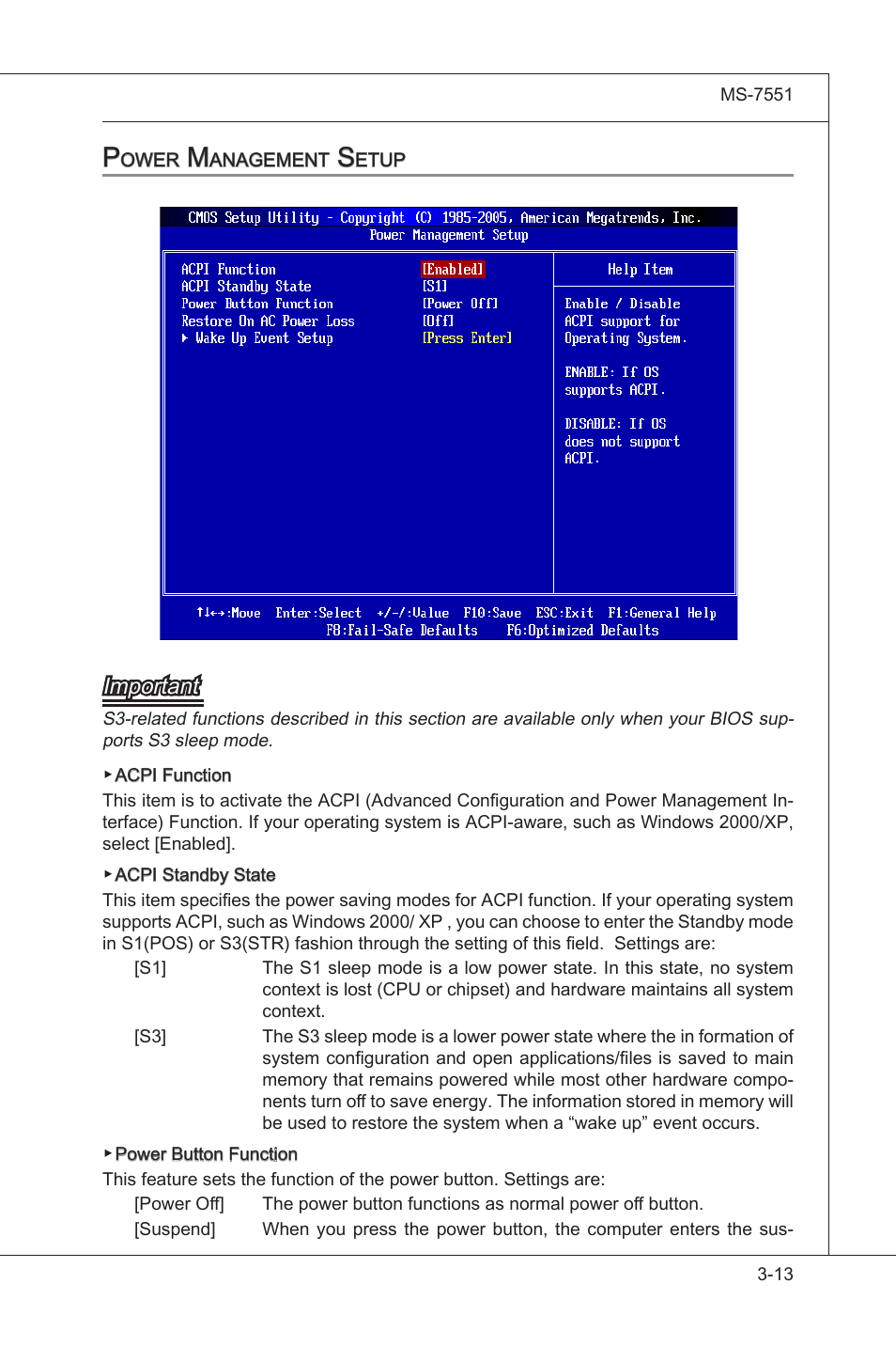 Power management setup, Power management setup -13, Important | MSI 785GT-E63 User Manual | Page 49 / 106