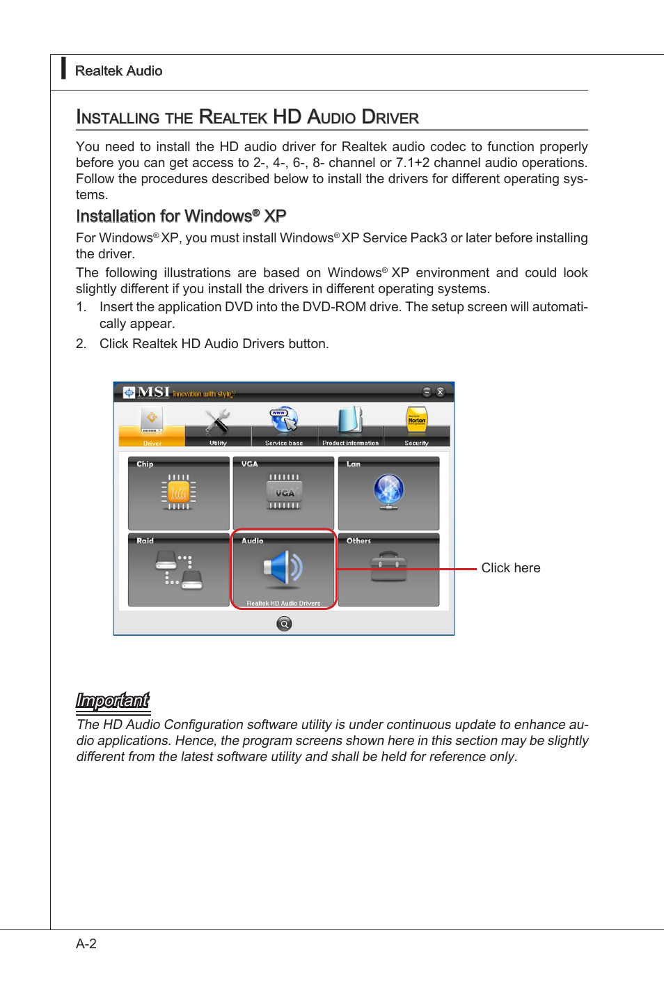 Installing the realtek hd audio driver, Hd a, Installaton for wndows | Important | MSI 785GT-E63 User Manual | Page 64 / 106