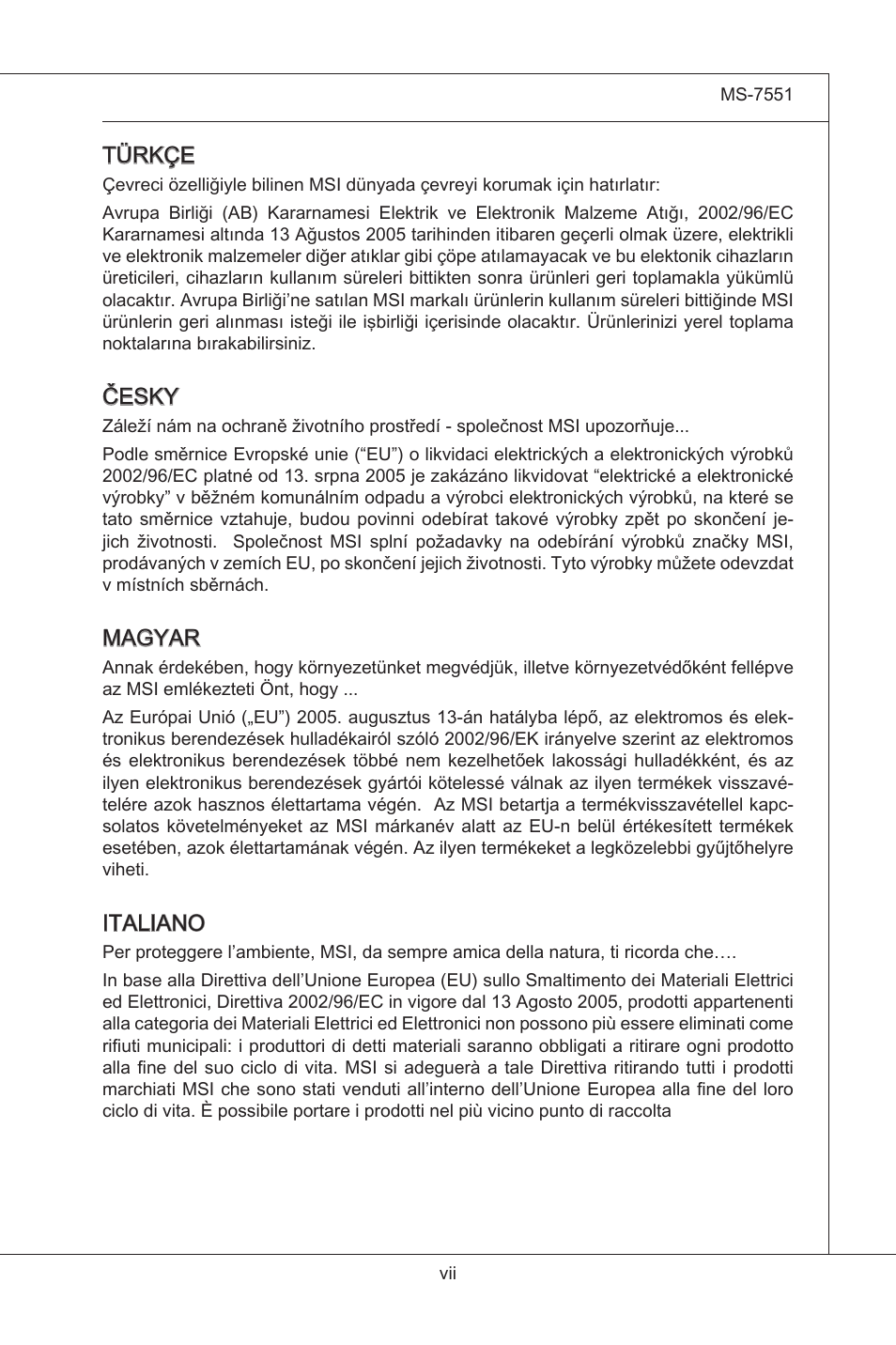 Türkçe, Česky, Magyar | Italiano | MSI 785GT-E63 User Manual | Page 7 / 106