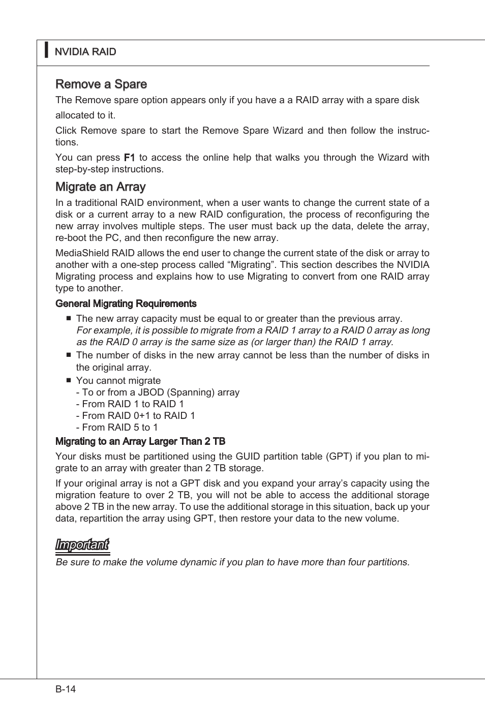 Remove a spare, Mgrate an array, Important | MSI NF750-G55 User Manual | Page 104 / 116