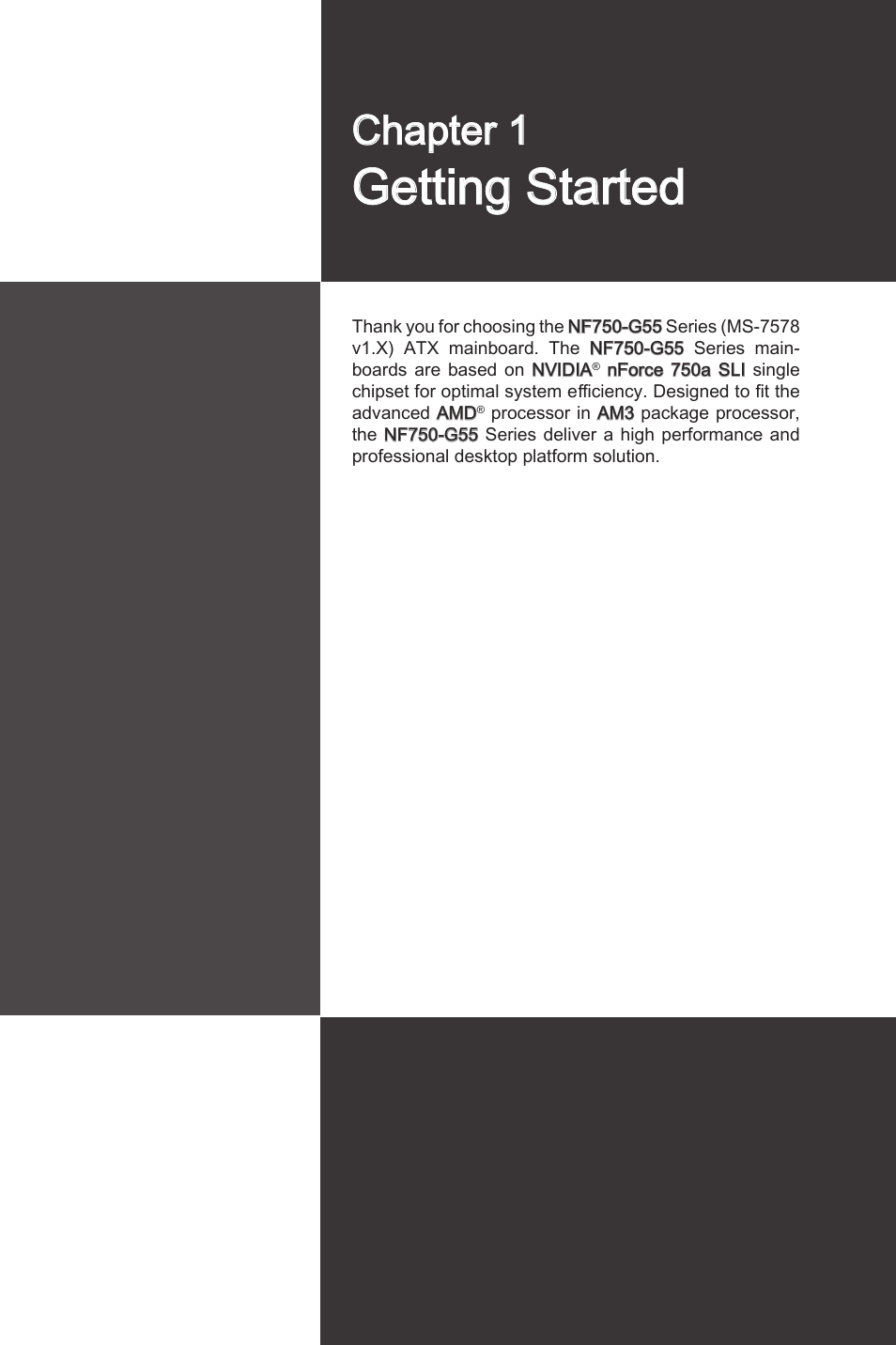 Chapter 1, Getting started, Chapter 1 gettng started -1 | Gettng started | MSI NF750-G55 User Manual | Page 11 / 116