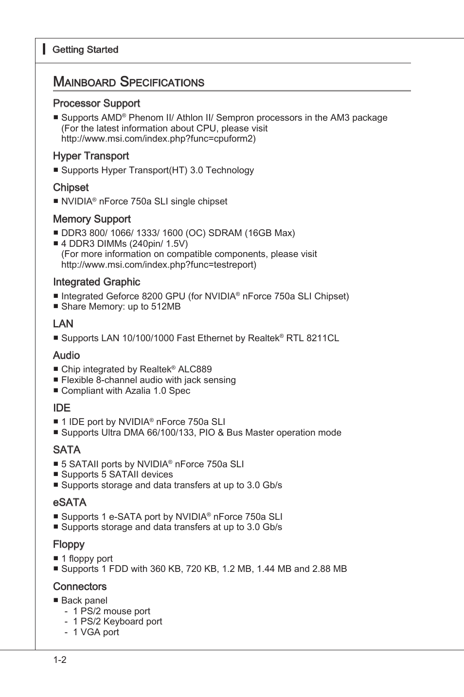 Mainboard specifications, Manboard specficatons -2 | MSI NF750-G55 User Manual | Page 12 / 116