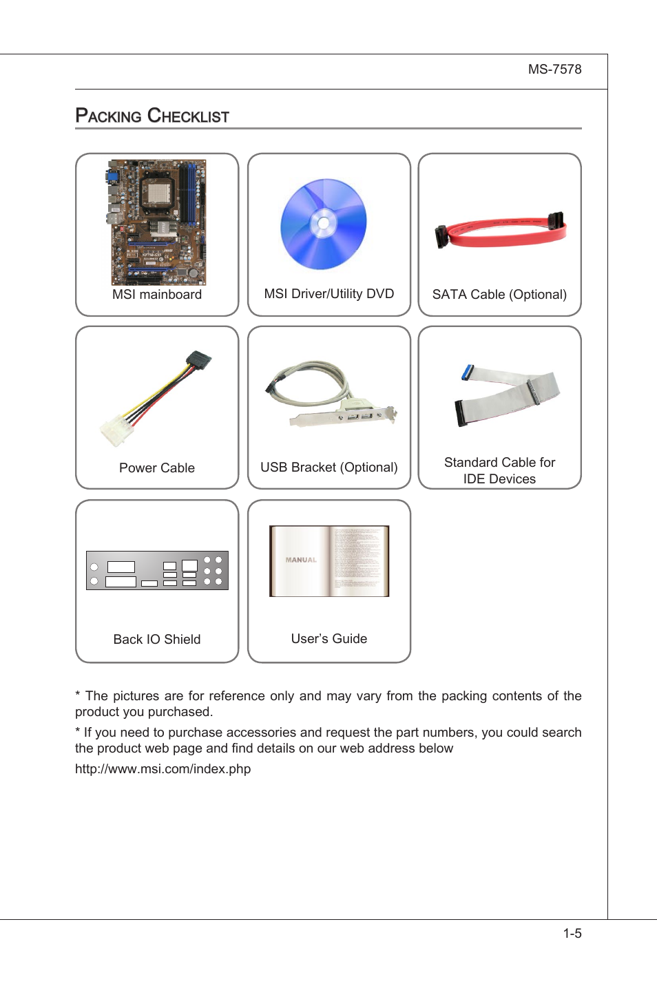 Packing checklist, Packng checklst -5 | MSI NF750-G55 User Manual | Page 15 / 116