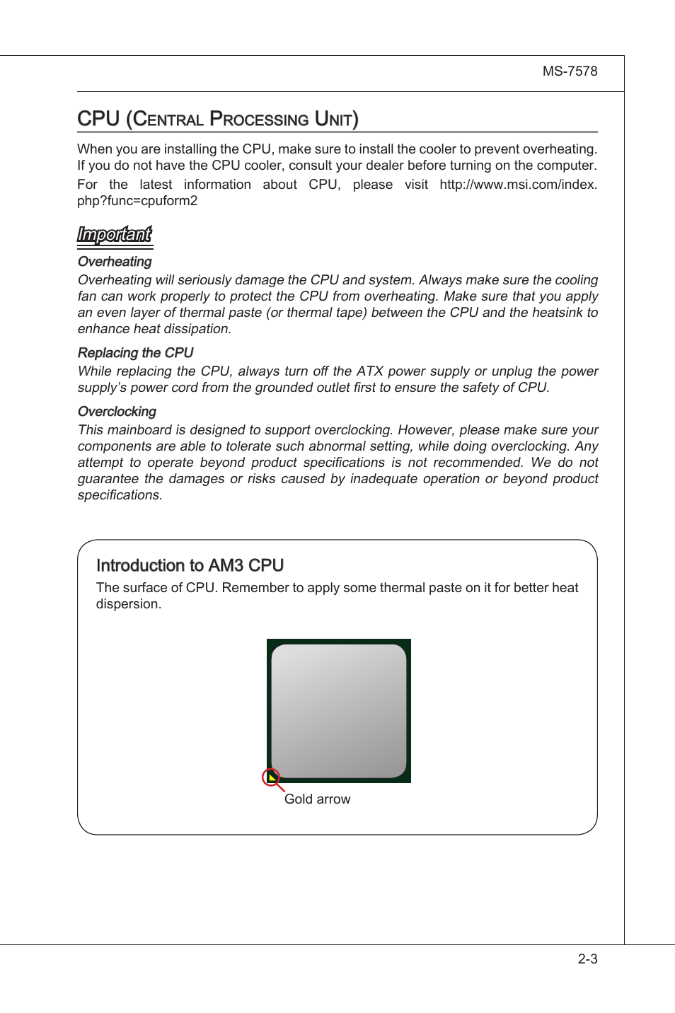 Cpu (central processing unit), Cpu (central processng unt) -3, Cpu (c | Important, Introducton to am3 cpu | MSI NF750-G55 User Manual | Page 19 / 116