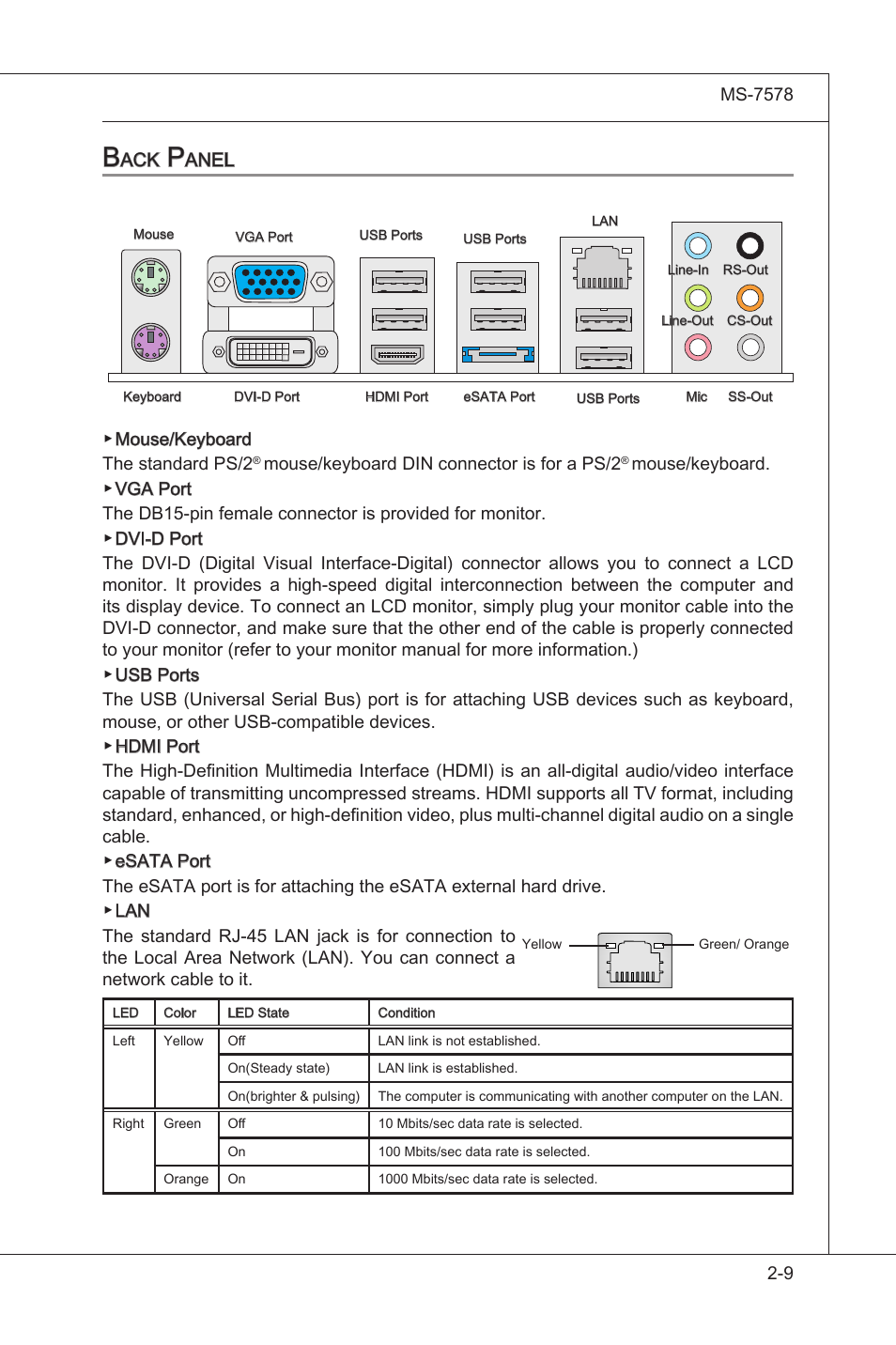 Back panel, Back panel -9 | MSI NF750-G55 User Manual | Page 25 / 116
