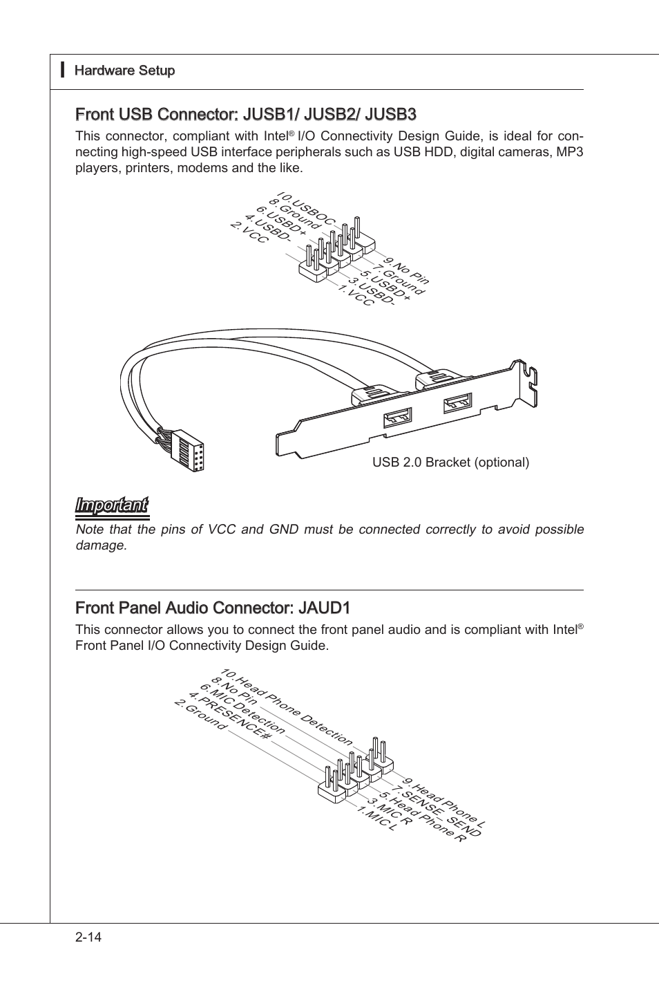 Front usb connector: jusb1/ jusb2/ jusb3, Important, Front panel audo connector: jaud1 | MSI NF750-G55 User Manual | Page 30 / 116