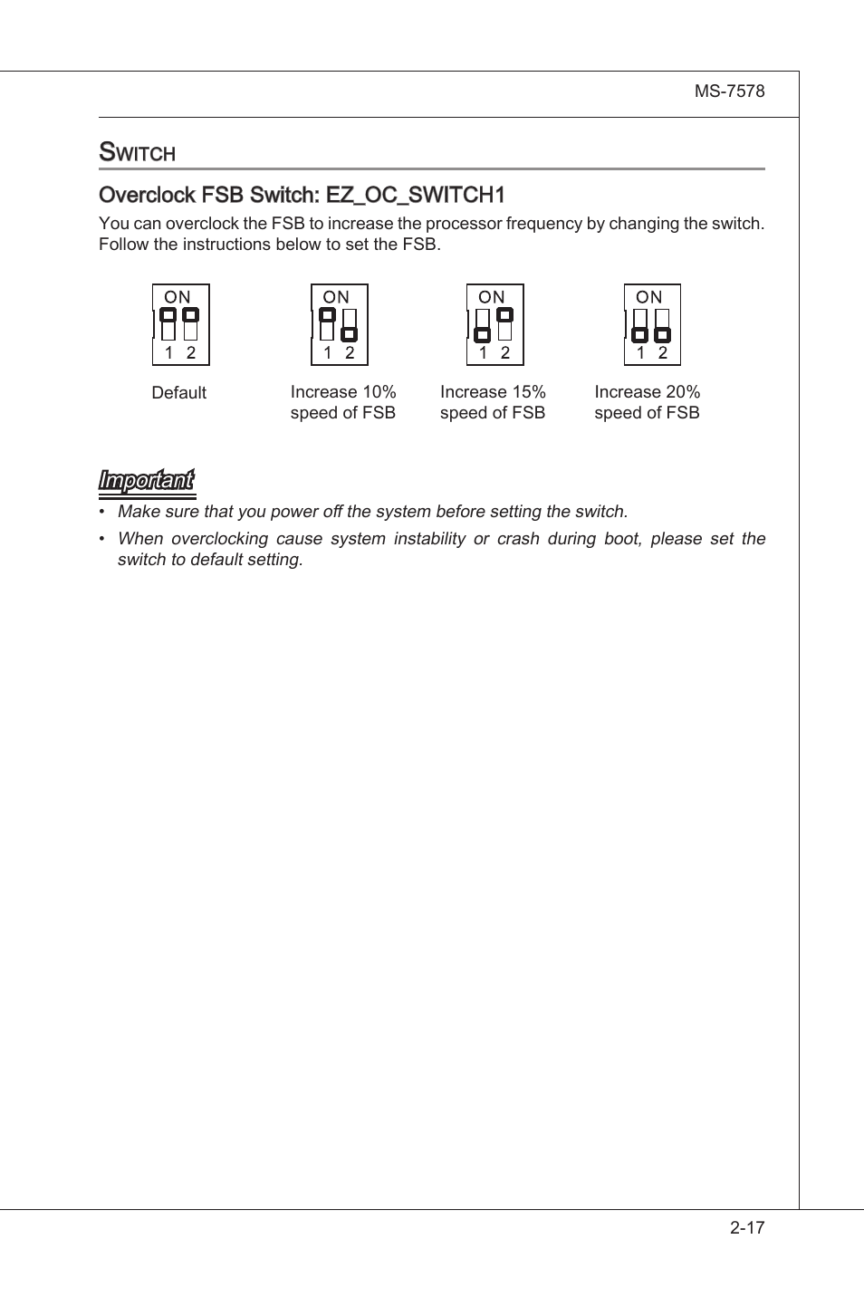 Switch, Swtch -17, Overclock fsb swtch: ez_oc_switch1 | Important | MSI NF750-G55 User Manual | Page 33 / 116