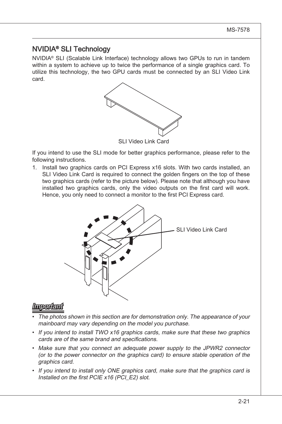 Nvidia, Sli technology, Important | MSI NF750-G55 User Manual | Page 37 / 116