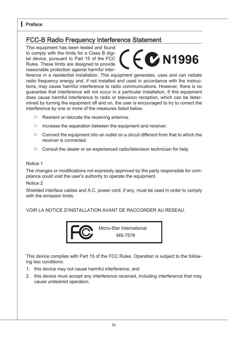 Fcc-b radio frequency interference statement, Fcc-b rado frequency interference statement | MSI NF750-G55 User Manual | Page 4 / 116
