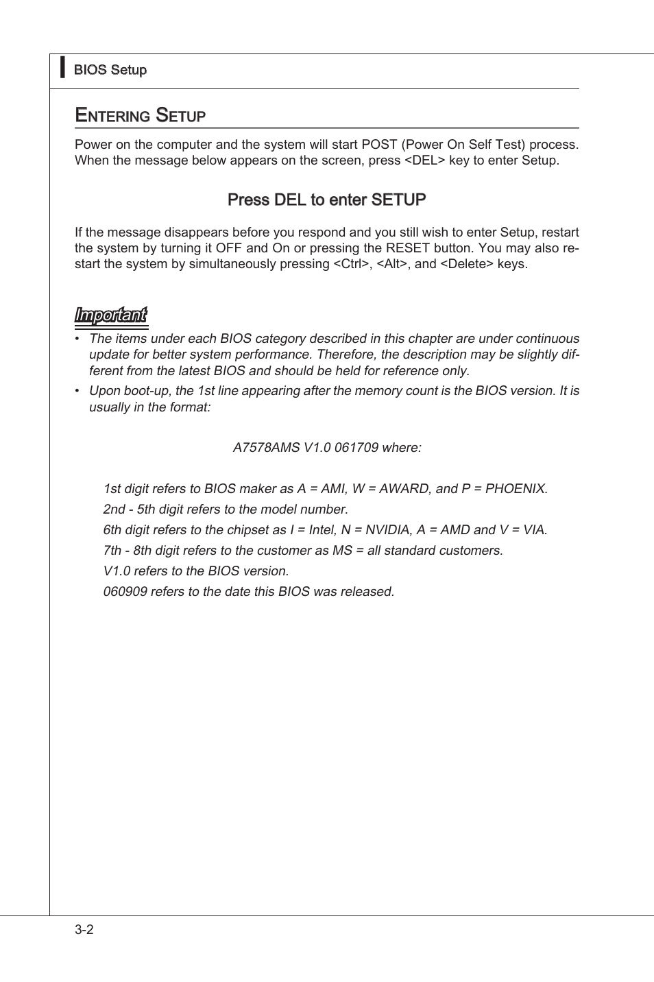 Entering setup, Enterng setup -2, Press del to enter setup | Important | MSI NF750-G55 User Manual | Page 42 / 116