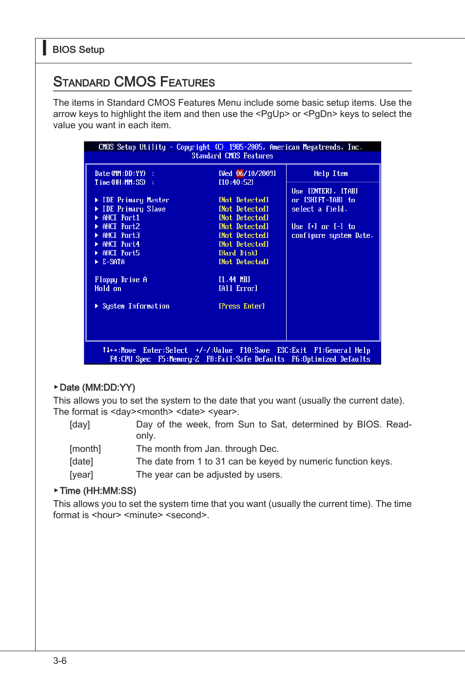 Standard cmos features, Standard cmos features -6, Cmos f | MSI NF750-G55 User Manual | Page 46 / 116