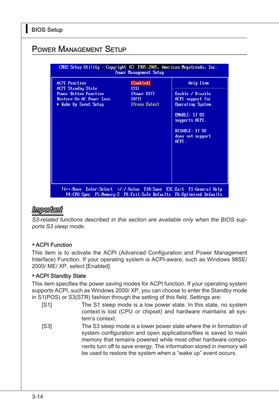 Power management setup, Power management setup -14, Important | MSI NF750-G55 User Manual | Page 54 / 116