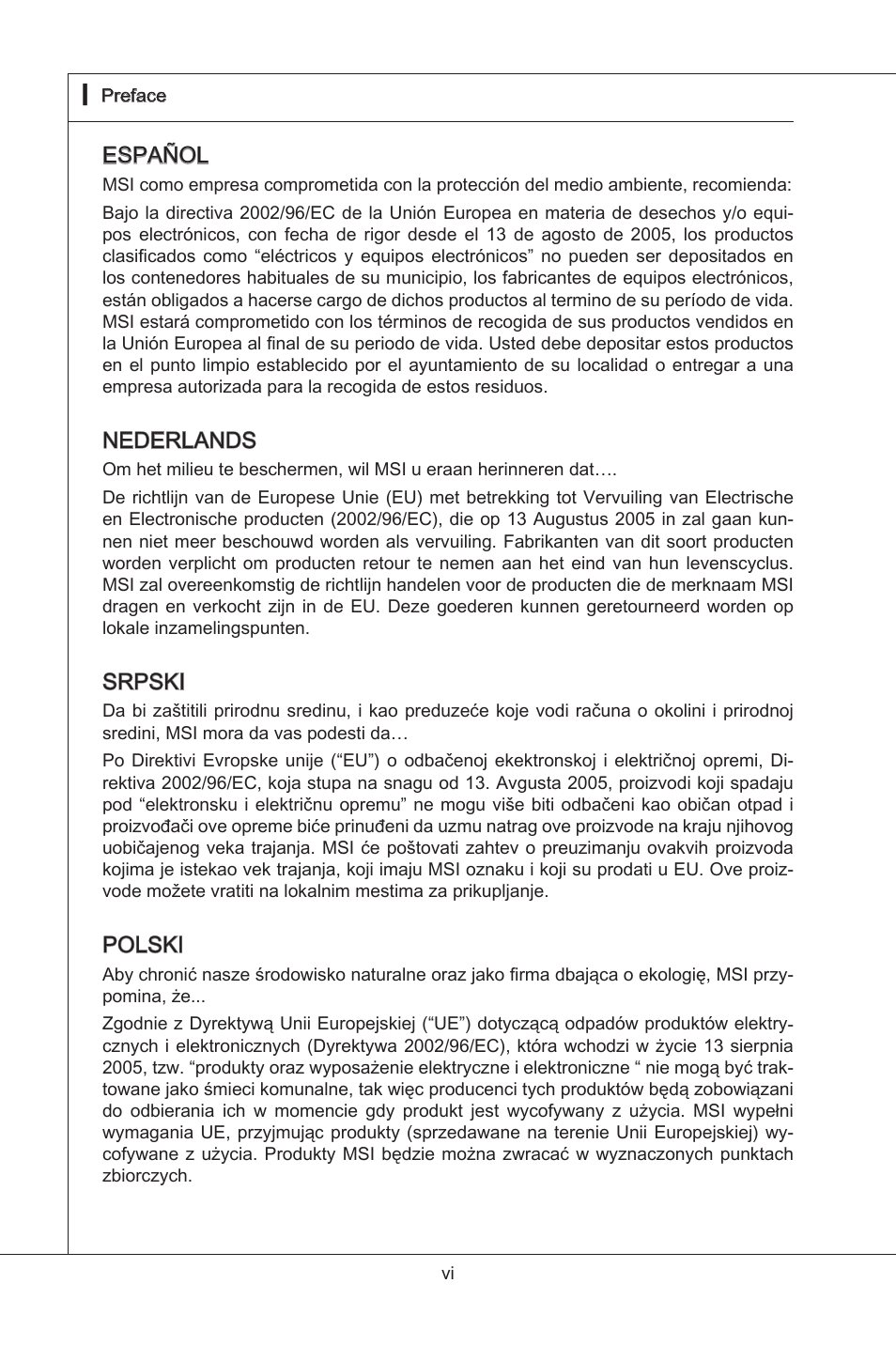 Español, Nederlands, Srpski | Polski | MSI NF750-G55 User Manual | Page 6 / 116