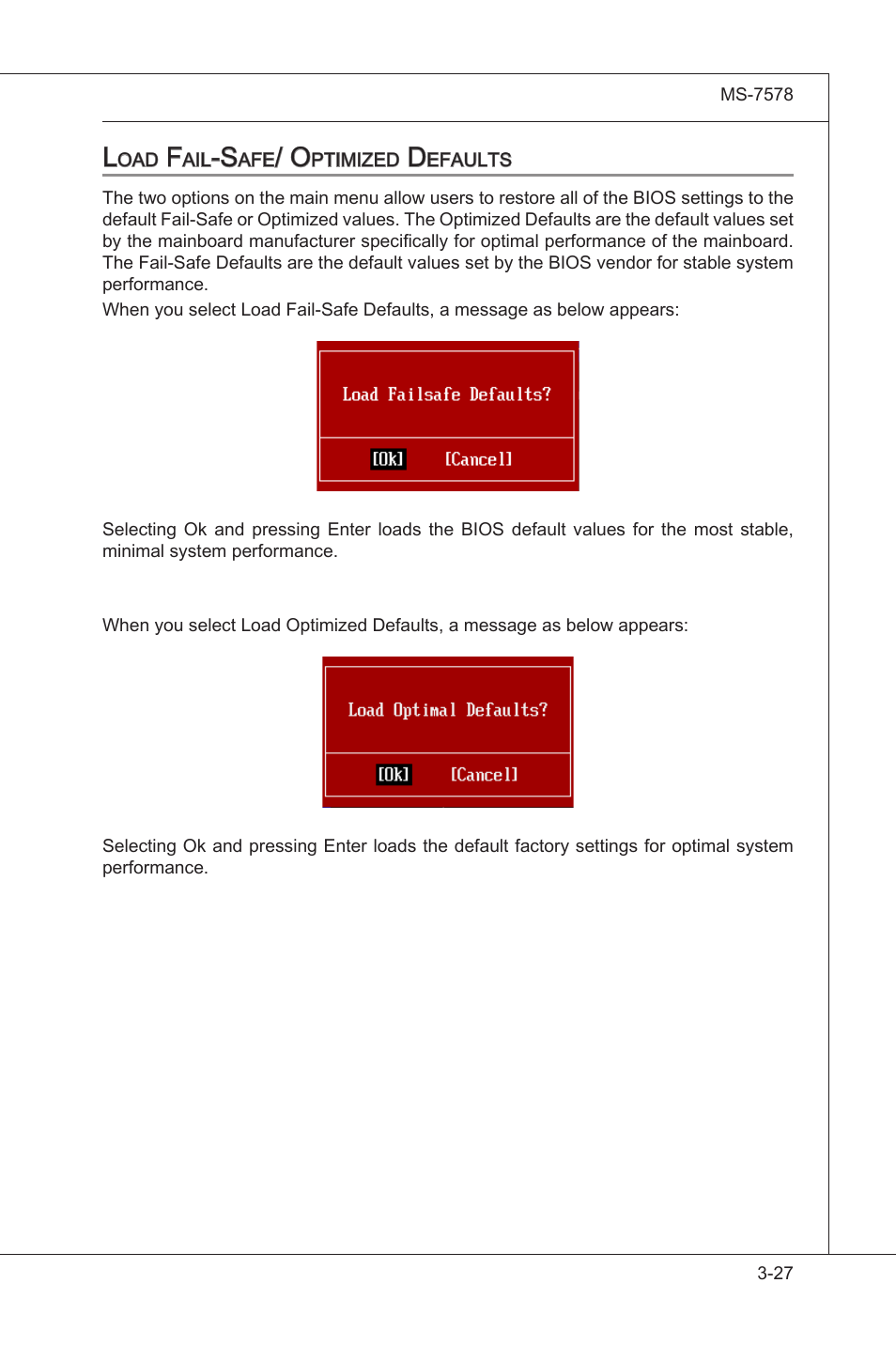 Load fail-safe/ optimized defaults, Load fal-safe/ optmzed defaults -27 | MSI NF750-G55 User Manual | Page 67 / 116