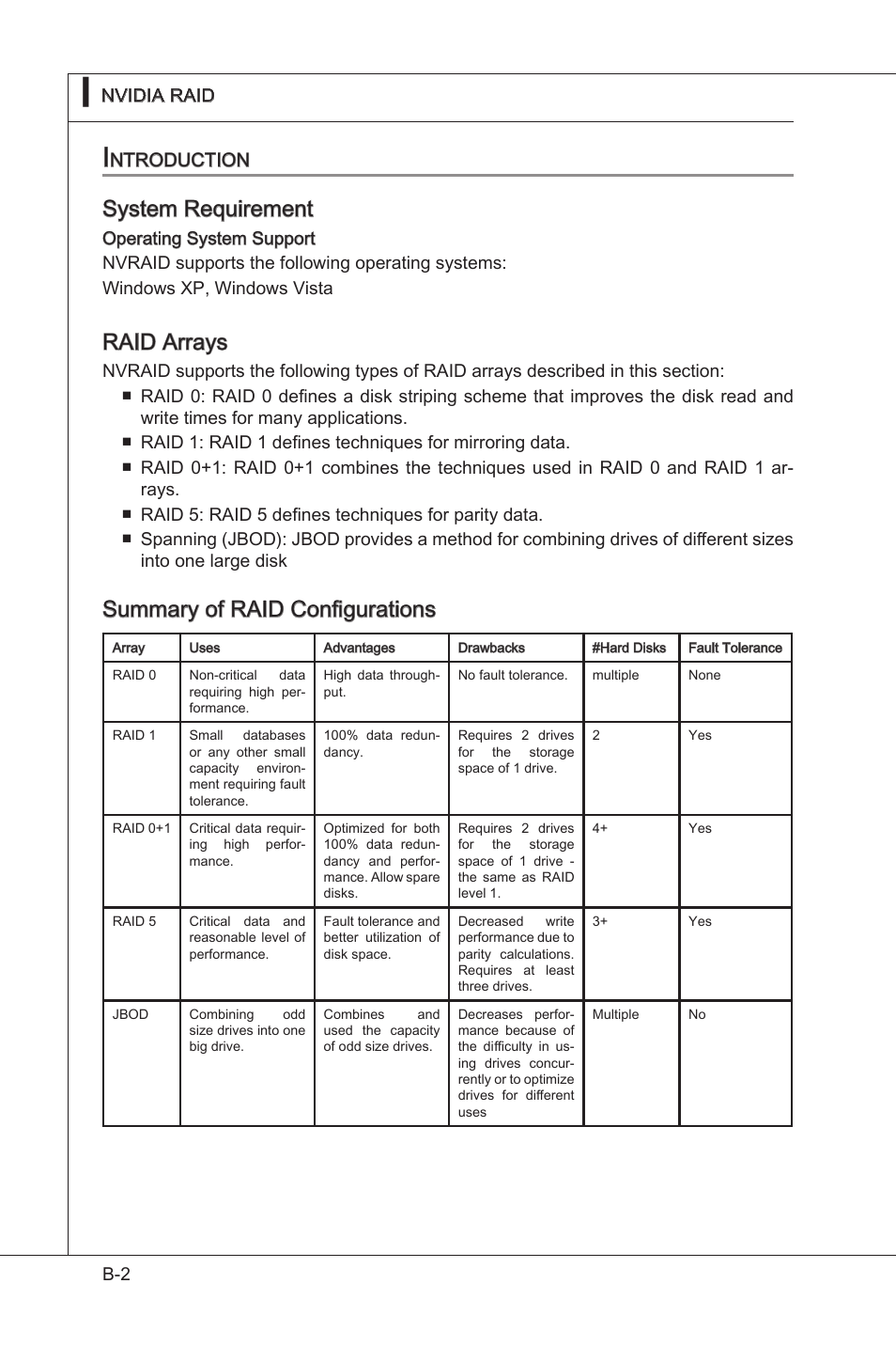 Introduction, System requrement, Raid arrays | Summary of raid configuratons, Ntroduction | MSI NF750-G55 User Manual | Page 92 / 116