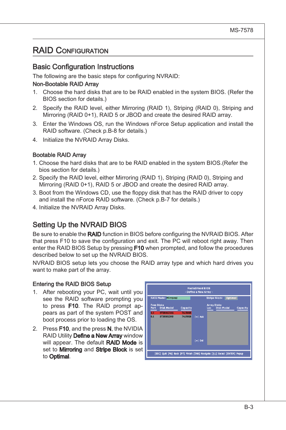 Raid configuration, Raid c, Basc configuraton instructons | Settng up the nvraid bios | MSI NF750-G55 User Manual | Page 93 / 116