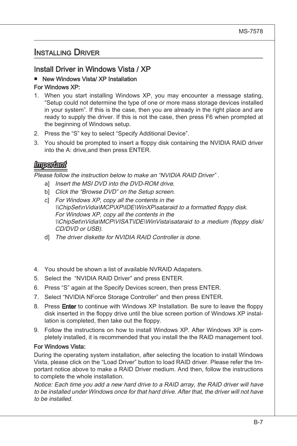 Installing driver, Install drver n wndows vsta / xp, Important | MSI NF750-G55 User Manual | Page 97 / 116