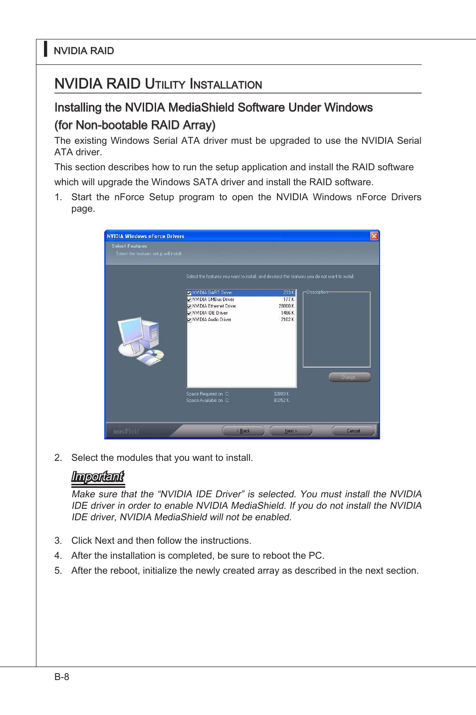 Nvidia raid utility installation, Nvidia raid u, Important | MSI NF750-G55 User Manual | Page 98 / 116