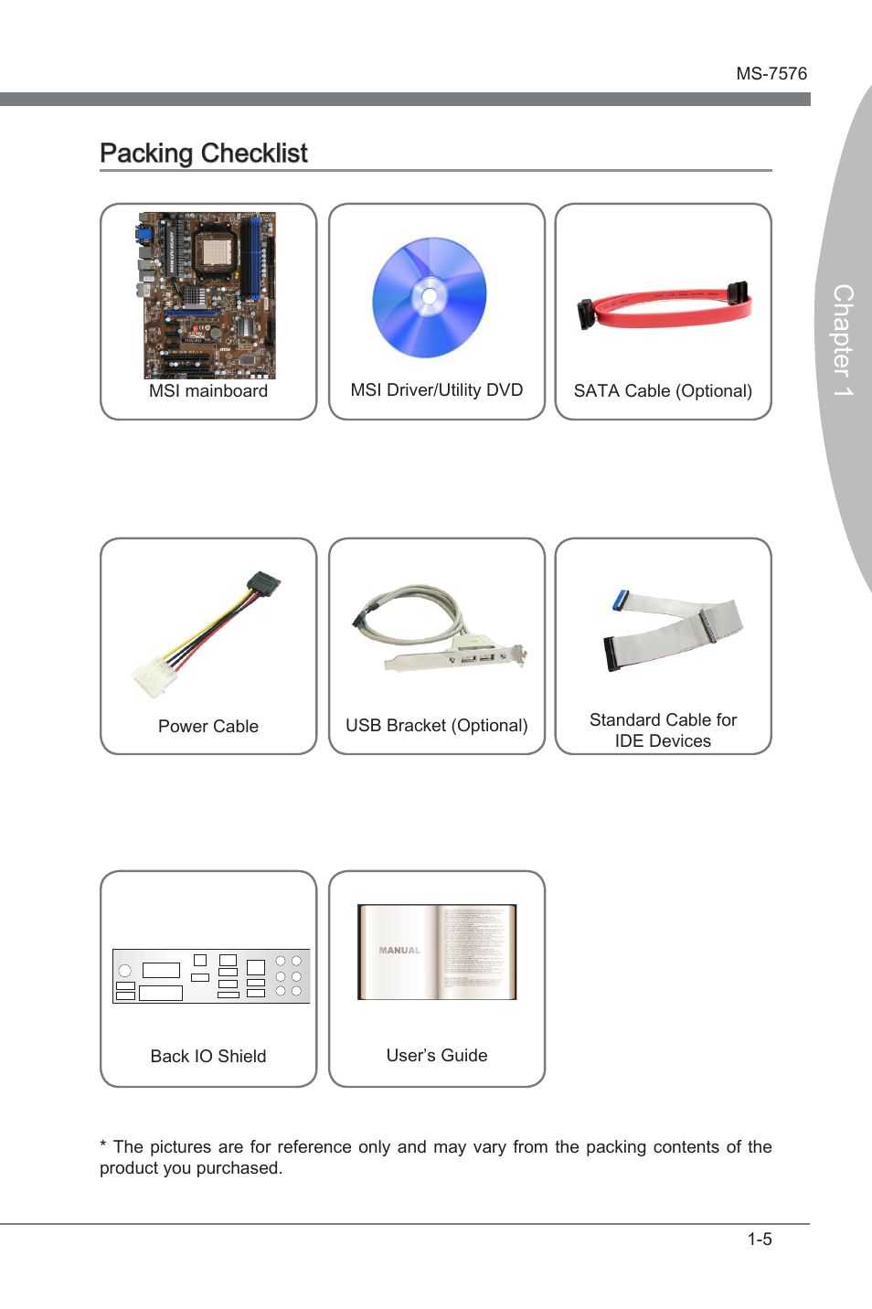 Packing checklist -5, Chapter 1, Packing checklist | MSI 880G-E45 User Manual | Page 15 / 96