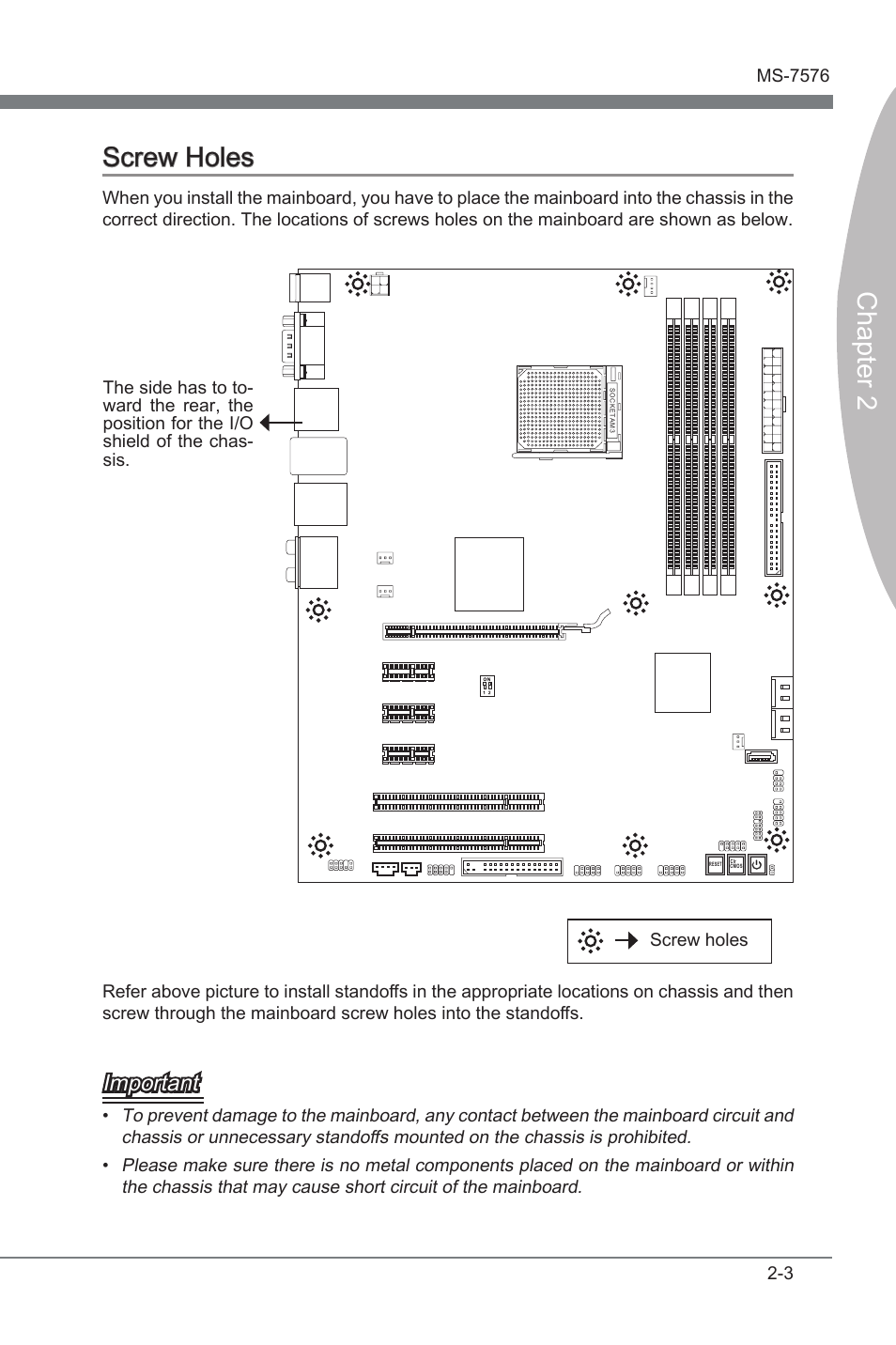 Screw holes -3, Chapter 2, Screw holes | Important | MSI 880G-E45 User Manual | Page 19 / 96