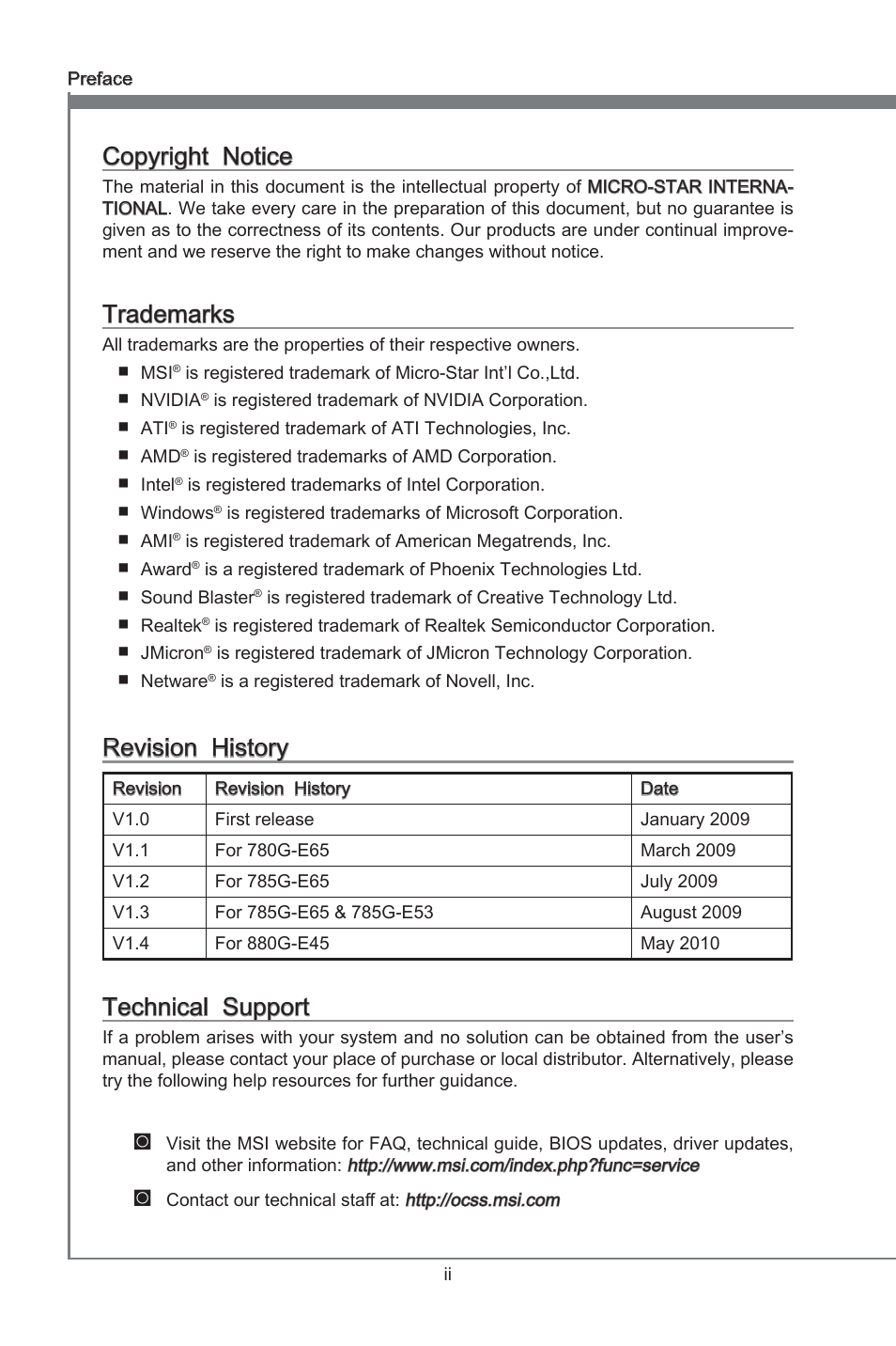 Preface, Copyright notice, Trademarks | Revision history, Technical support | MSI 880G-E45 User Manual | Page 2 / 96