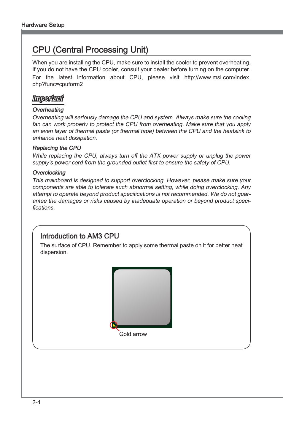 Cpu (central processing unit) -4, Cpu (central processing unit), Important | Introduction to am3 cpu | MSI 880G-E45 User Manual | Page 20 / 96