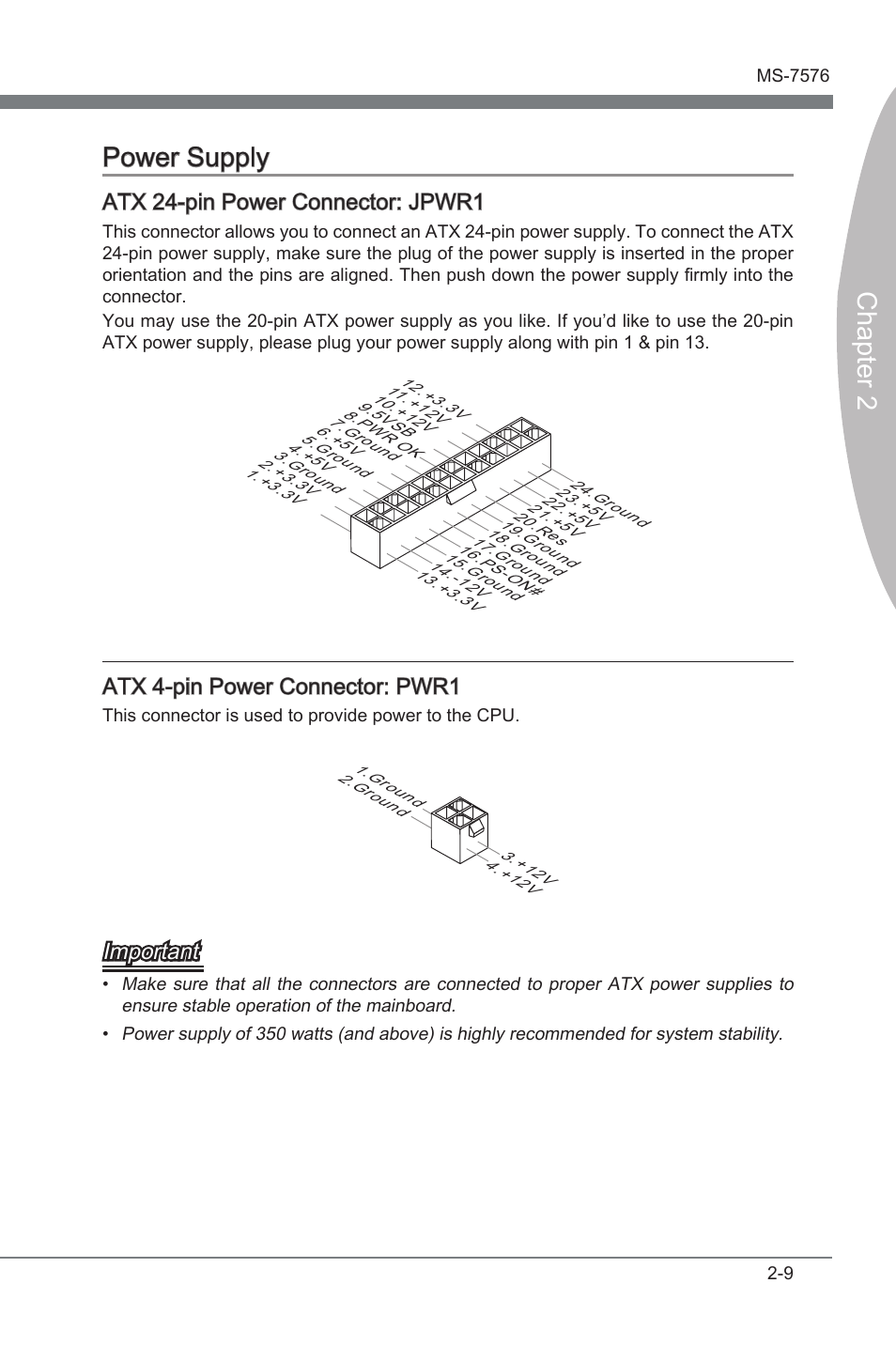 Power supply -9, Chapter 2 power supply, Atx 24-pin power connector: jpwr1 | Atx 4-pin power connector: pwr1, Important | MSI 880G-E45 User Manual | Page 25 / 96