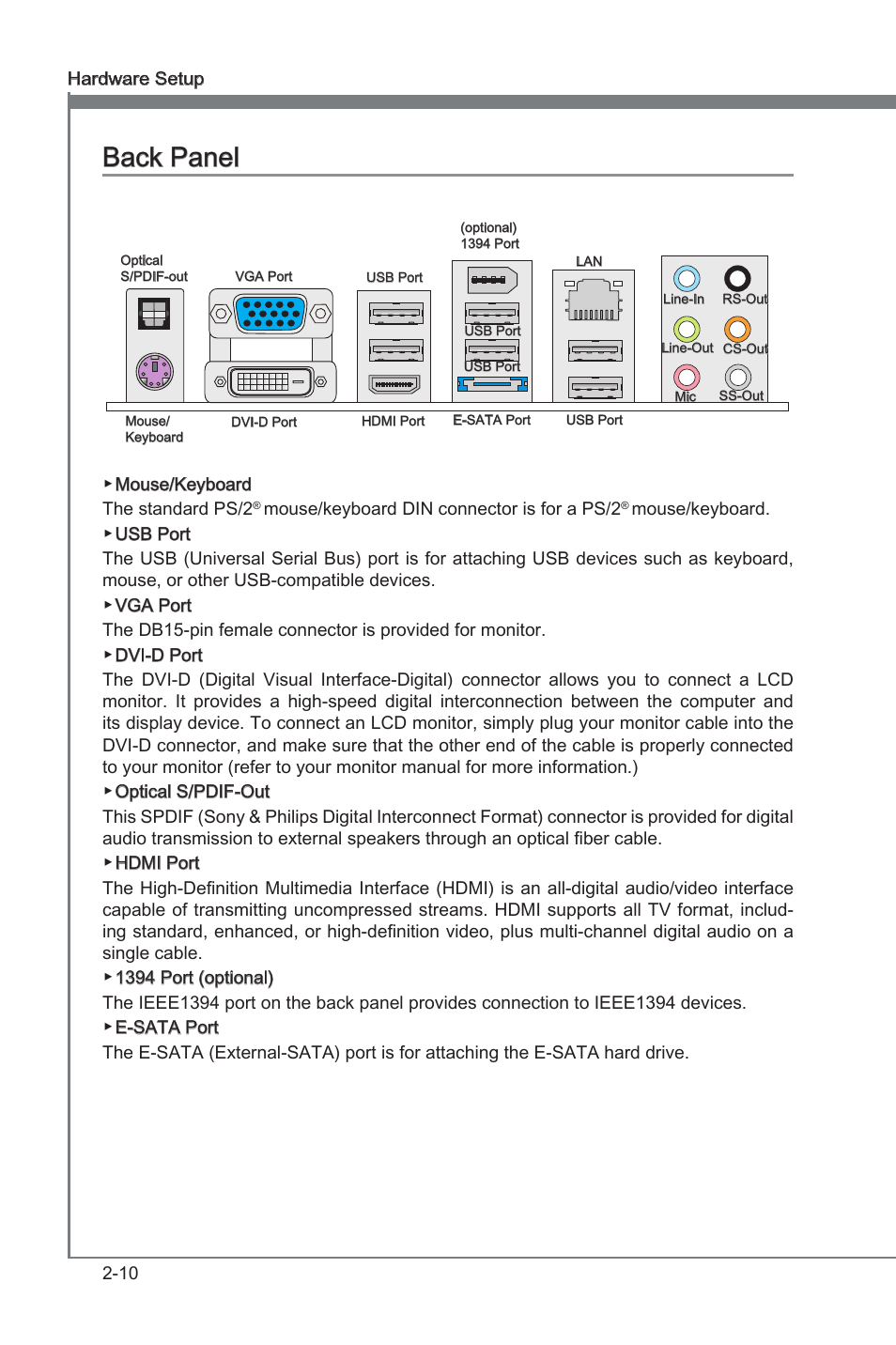 Back panel -10, Back panel | MSI 880G-E45 User Manual | Page 26 / 96