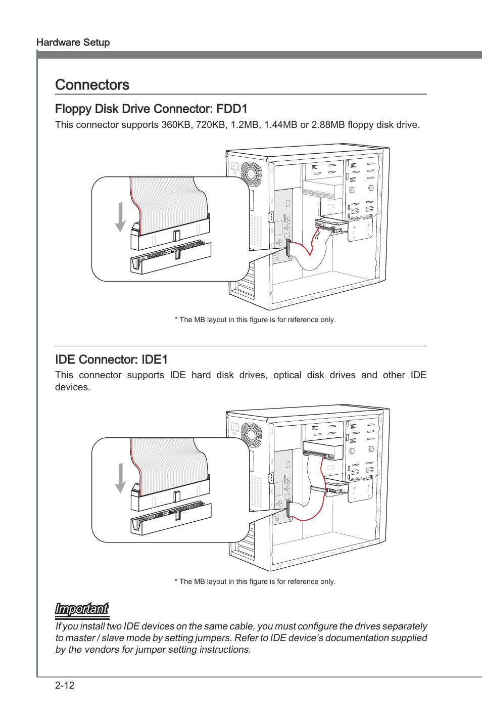 Connectors -12, Connectors, Floppy disk drive connector: fdd1 | Ide connector: ide1, Important | MSI 880G-E45 User Manual | Page 28 / 96