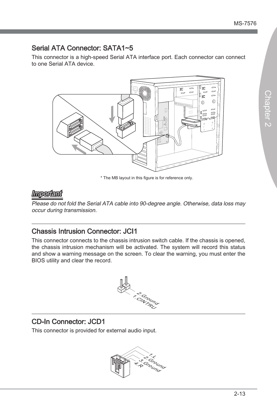 Chapter 2, Serial ata connector: sata1~5, Important | Chassis intrusion connector: jci1, Cd-in connector: jcd1 | MSI 880G-E45 User Manual | Page 29 / 96