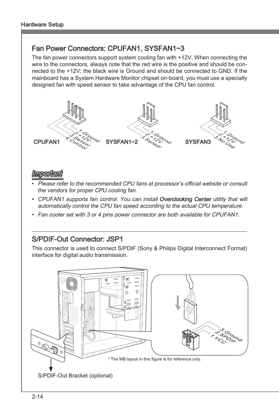 Fan power connectors: cpufan1, sysfan1~3, Important, S/pdif-out connector: jsp1 | MSI 880G-E45 User Manual | Page 30 / 96