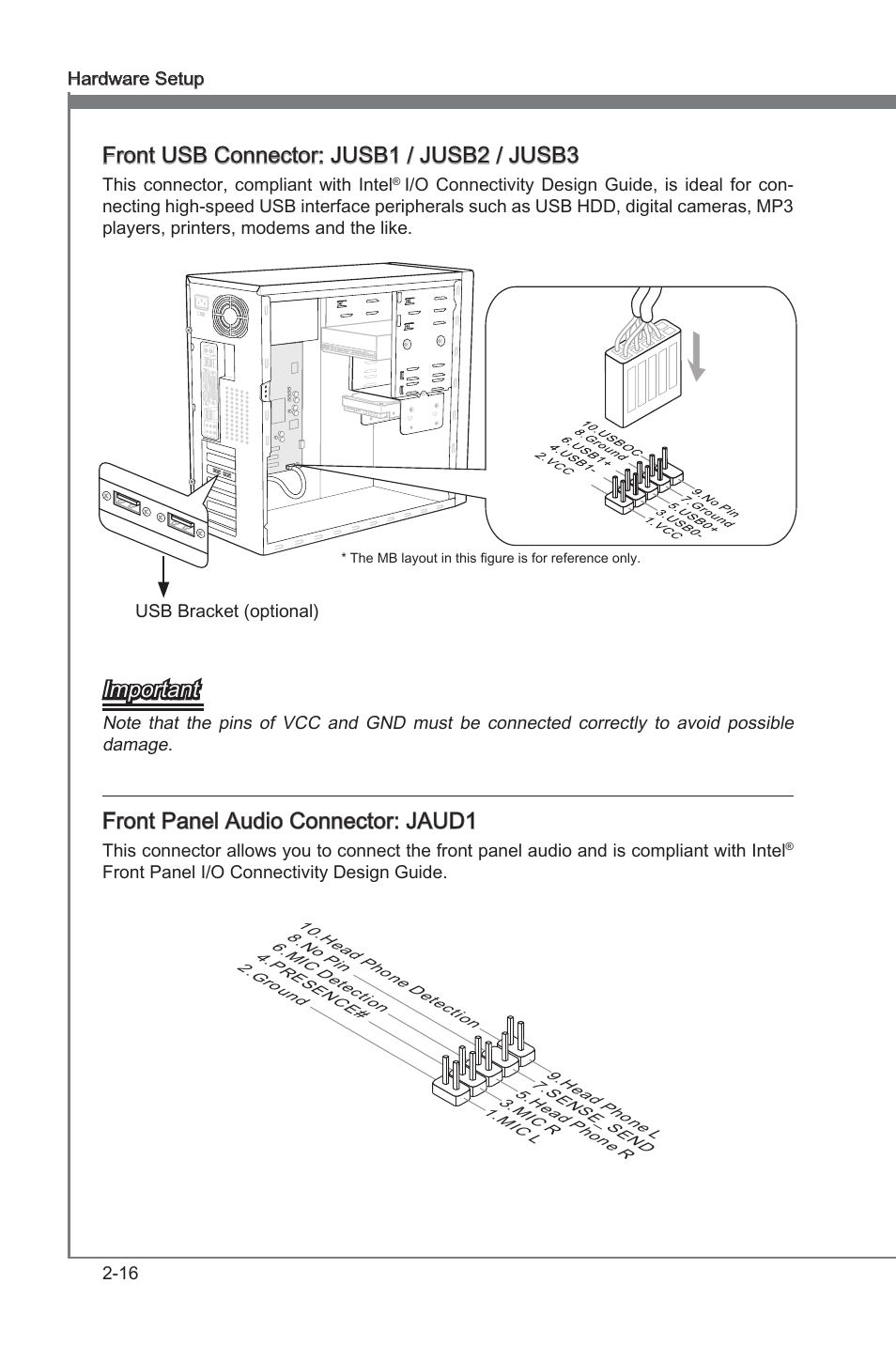 Front usb connector: jusb1 / jusb2 / jusb3, Important, Front panel audio connector: jaud1 | MSI 880G-E45 User Manual | Page 32 / 96