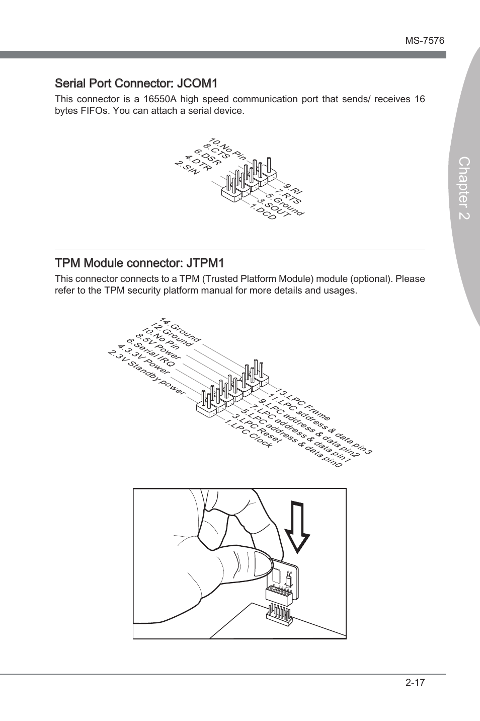 Chapter 2, Serial port connector: jcom1, Tpm module connector: jtpm1 | MSI 880G-E45 User Manual | Page 33 / 96