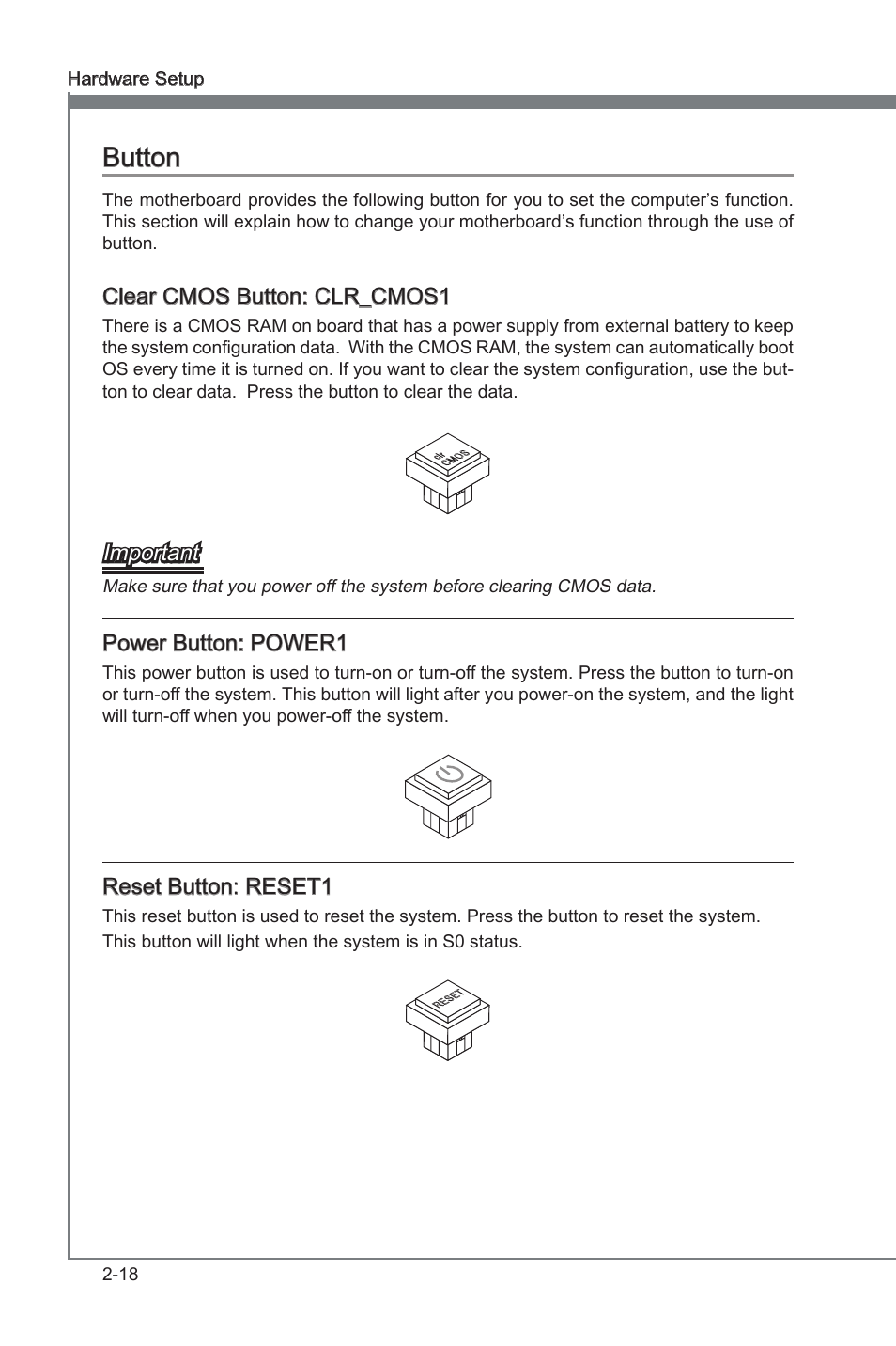 Button -18, Button, Clear cmos button: clr_cmos1 | Important, Power button: power1, Reset button: reset1 | MSI 880G-E45 User Manual | Page 34 / 96