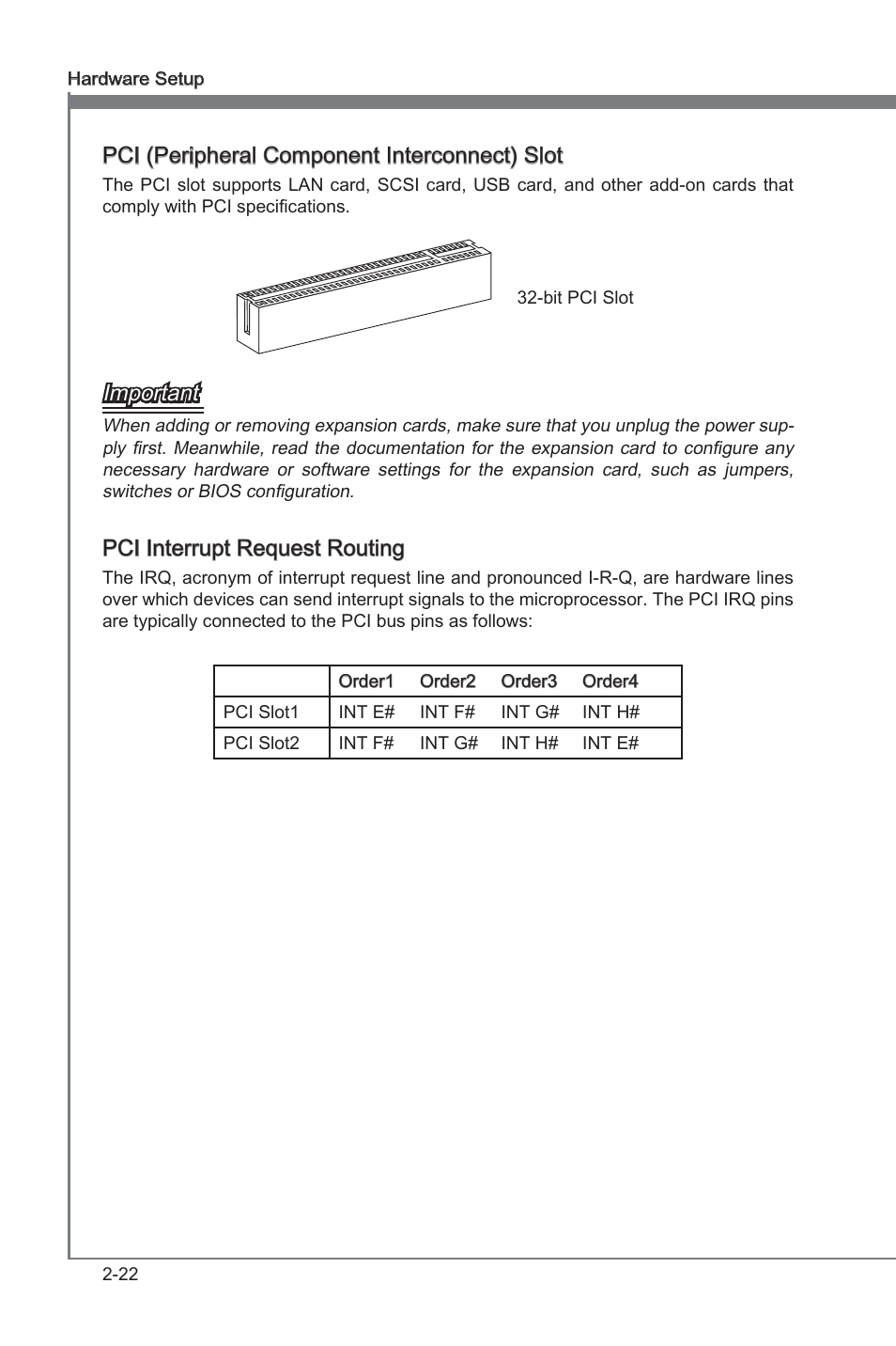 Pci (peripheral component interconnect) slot, Important, Pci interrupt request routing | MSI 880G-E45 User Manual | Page 38 / 96